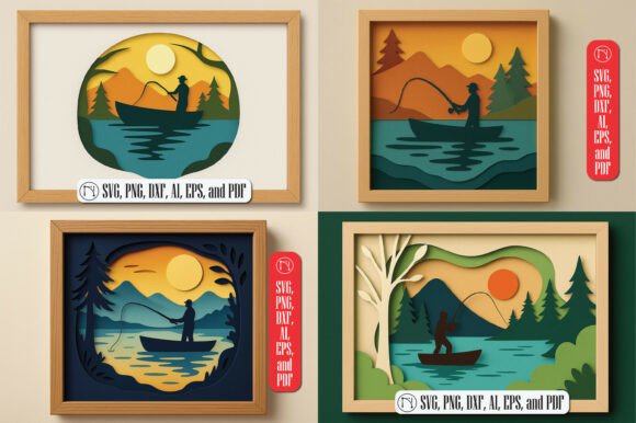3D Fishing Scene Shadow Box SVG Bundle