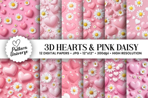 3D Hearts and Pink Daisy Flower Patterns for Your Next Creative Project