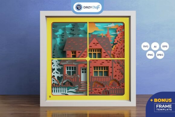 House in 4 Season 3D Shadow Box - 3D SVG: A Strategic Asset for Creators and Makers